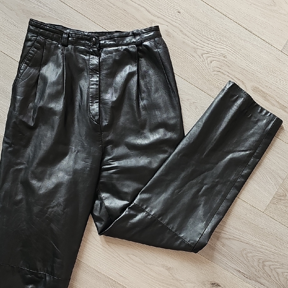 Vintage‎ 90s Sleek Black Leather High Waisted Tapered Trouser Pants, Vtg 8